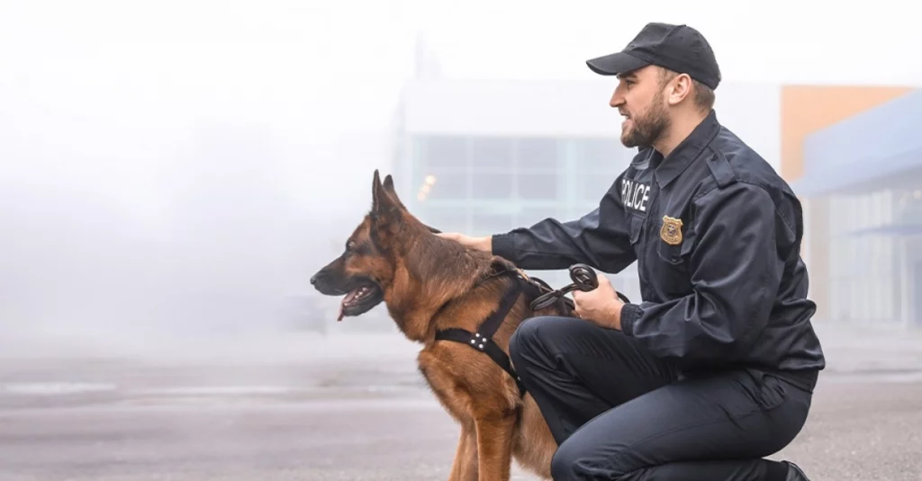 Policier maître chien assis à coté de son chien